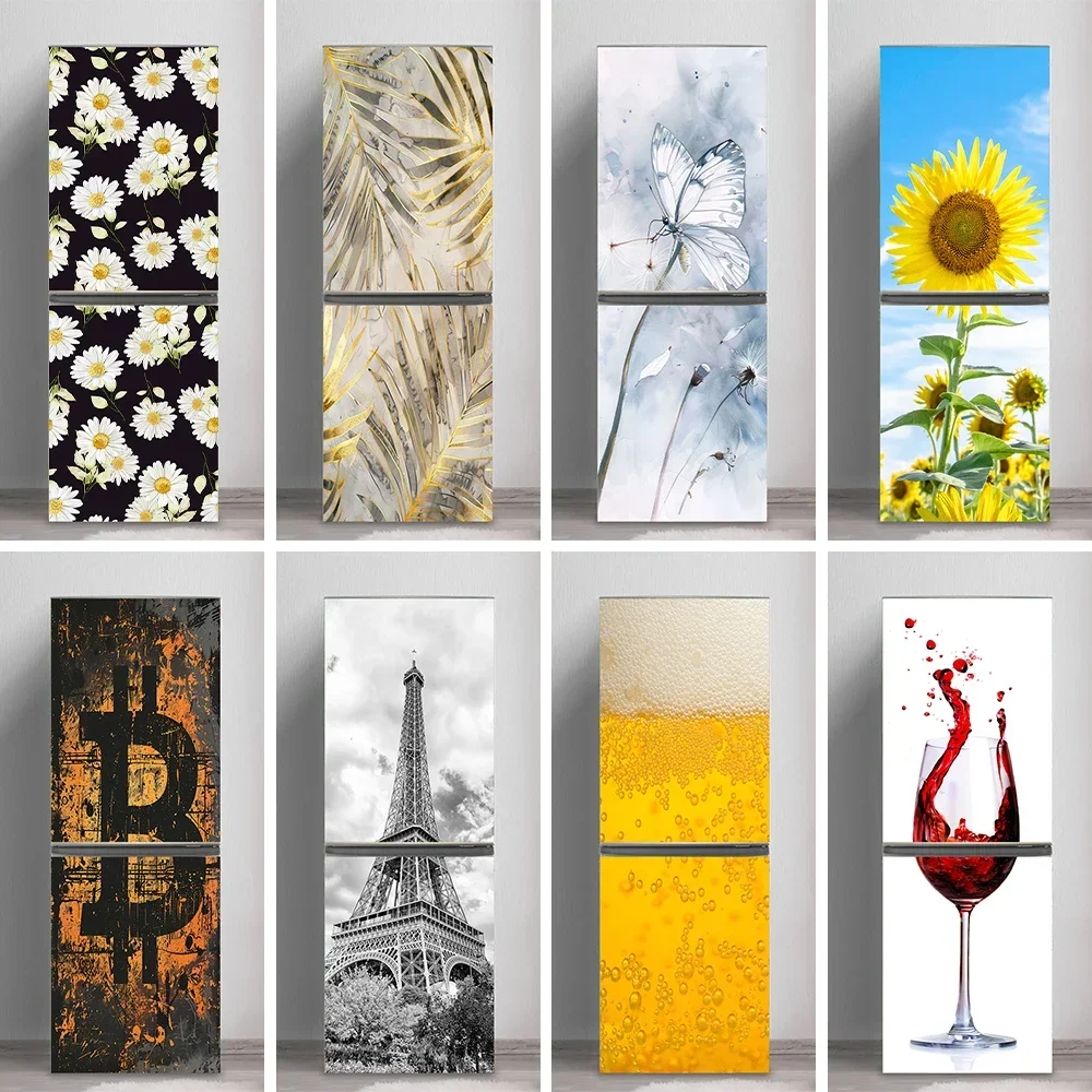 

Customized 3D Refrigerator Sticker Retro Flower Plants Poster Waterproof Home Decoration Kitchen Fridge Door Wrap Mural Sticker