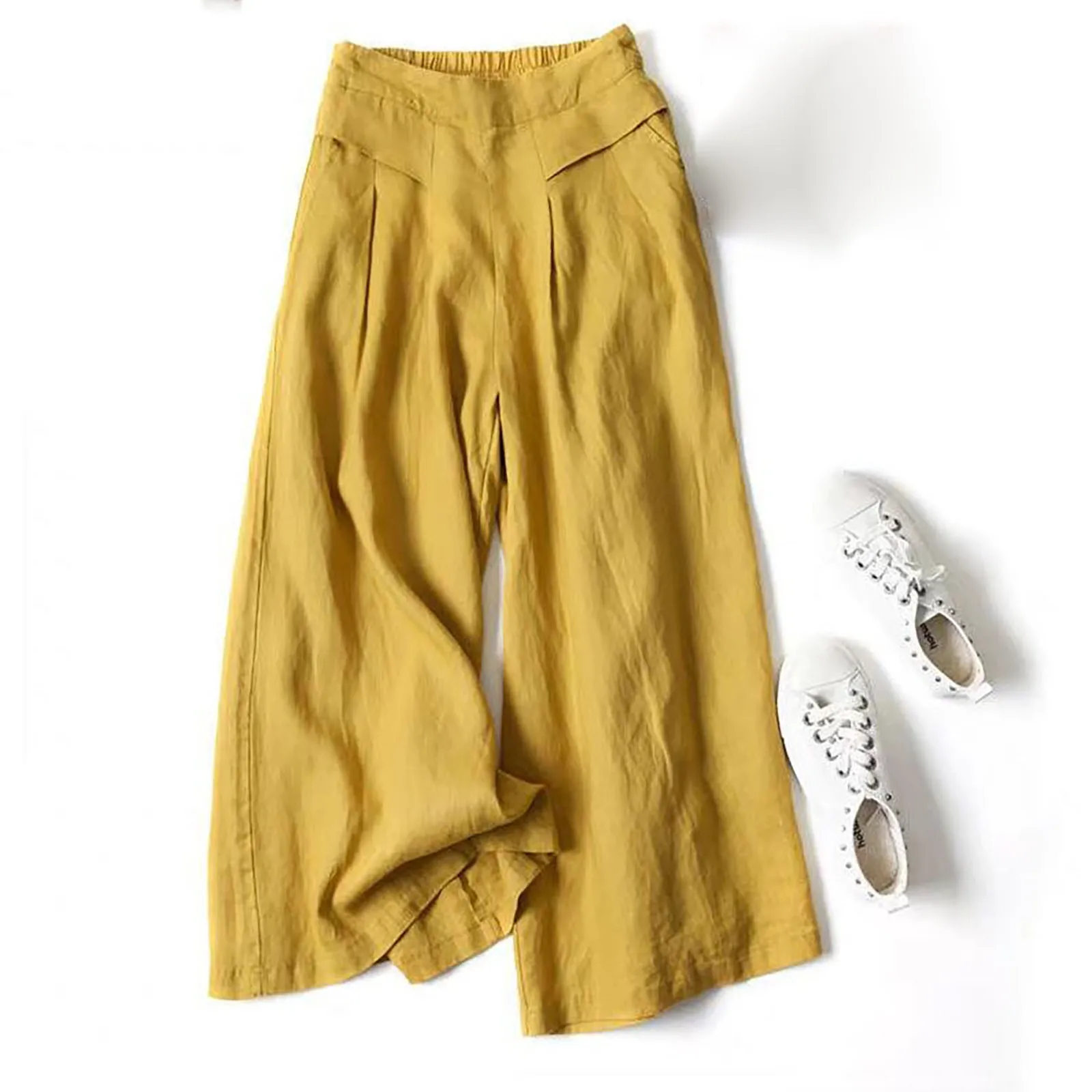 2023 Spring Summer Women's Cotton Linen Wide Leg Pants Loose Elastic High Waist Thin Ladies Skirt Pants Capris Flared Trousers