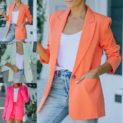 Blazer de manga comprida feminino com bolsos e lapela, jaqueta de escritório fina, casaco leve, terno fashion