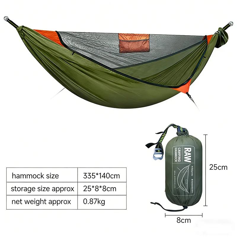 Anti-Roll Hammock Shelter with Full Bug Net, Heavy Duty Ridgeline for Secure Bushcraft Camping and Overnight Adventures