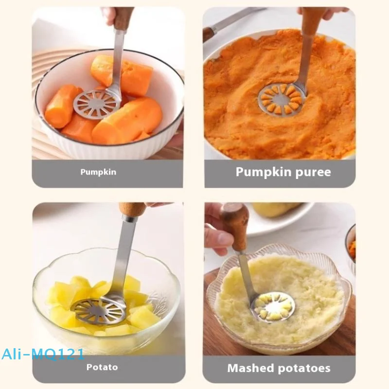 

1Pcs Hand Press Manual Potato Masher Non-Stick With Non-slip Wooden Handle Baby Food Masher Stainless Steel Handheld
