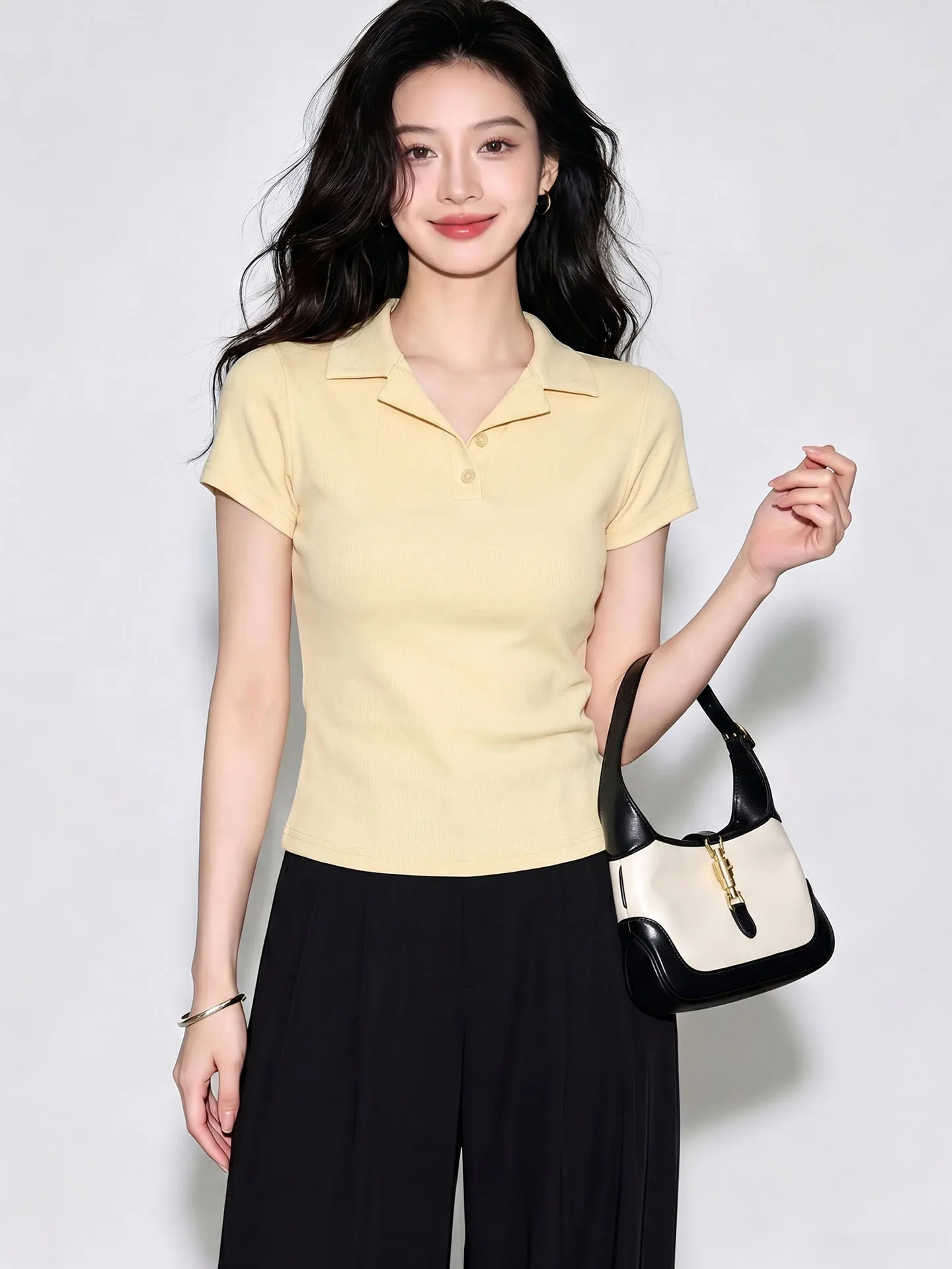 

Korean Style Slim Fit Turn-down Collar Anti-aging Shoulder T-shirt Summer High-end Sensation Women's Fashion Small Shirt
