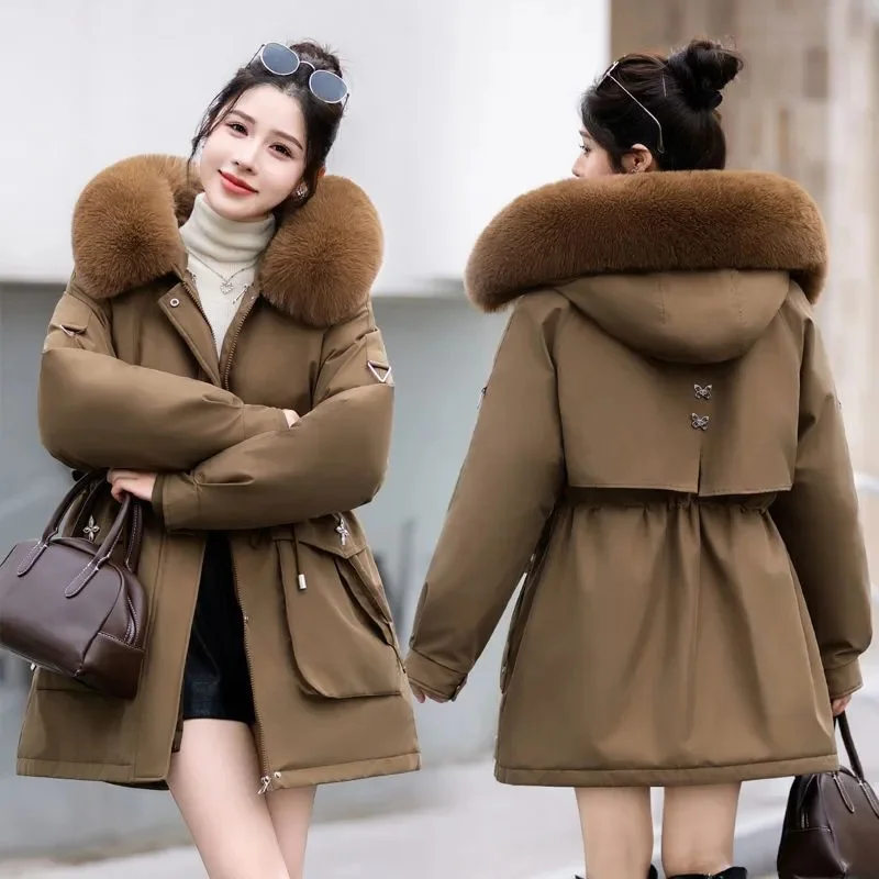 Women's Detachable Parker 2024 Winter New Plush Thicken Hooded Coat Female Oversized Warm Cotton Jacket Long Casual Overcoat