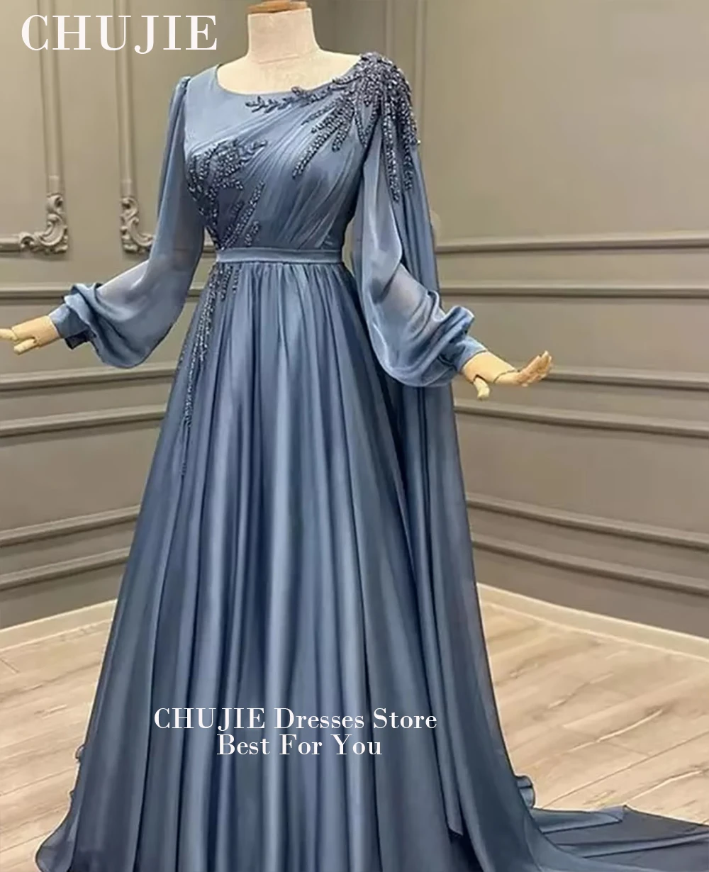 فستان سهرة إسلامي مطرز باللون الأزرق المغبر برقبة دائرية فساتين لحضور الحفلات الموسيقية شيفون بأكمام طويلة على شكل حرف a ثنيات فستان زفاف الضيوف حسب الطلب #3