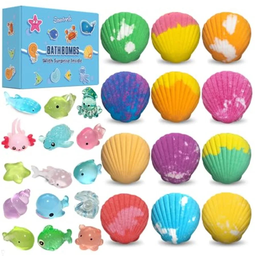 Bath Bombs for with Surprise Toys Inside, 12 Pack Shell Bath Bombs Gift Set for Girls Boys Birthday, Easter, Christmas, Hallowe