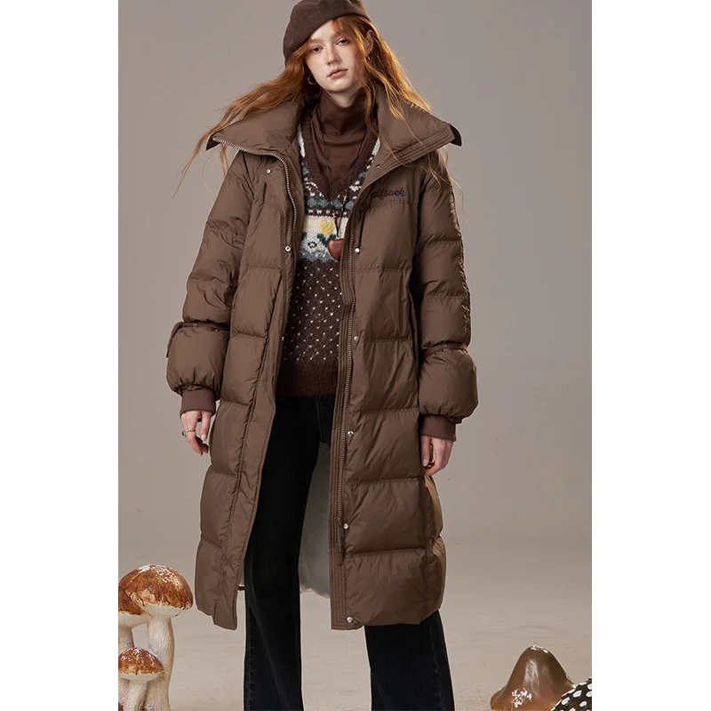 ELFSACK 2025 invierno nuevas llegadas Casual solapa cuello Bordado de letras suelta ajuste largo abajo abrigo para mujer