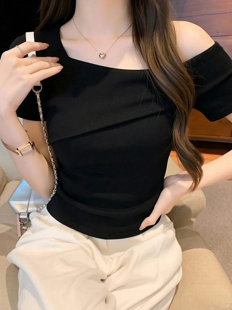 Slimming Black Shoulder-baring T-shirt Women's Summer New Style Pure Desire Off-center Collar Short Sleeve Korean Version Cit...