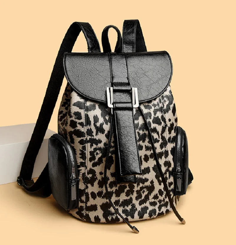 Korean Luxury Fashion Leopard Print Retro Soft Leather Shoulder Bags Women's High Capacity Travel Backpacks Notebook School Bag