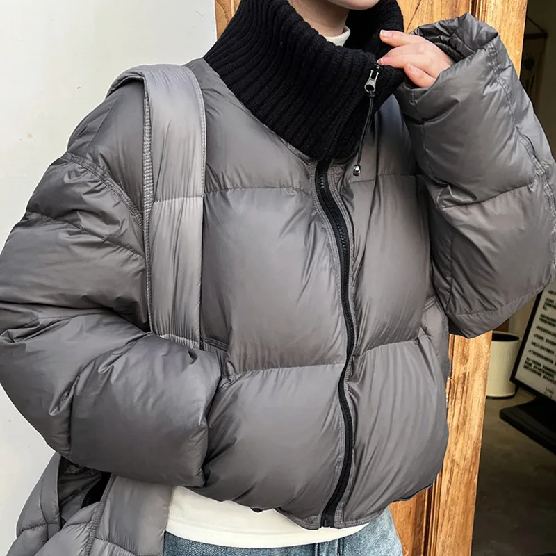 HKSH เสื้อโค้ทดาวน์สั้นสำหรับผู้หญิงฤดูหนาวใหม่ถักคอประกบสีตัดกันซิปเก๋ไฮสตรีทหนาเสื้อโค้ทที่อบอุ่น HK10999