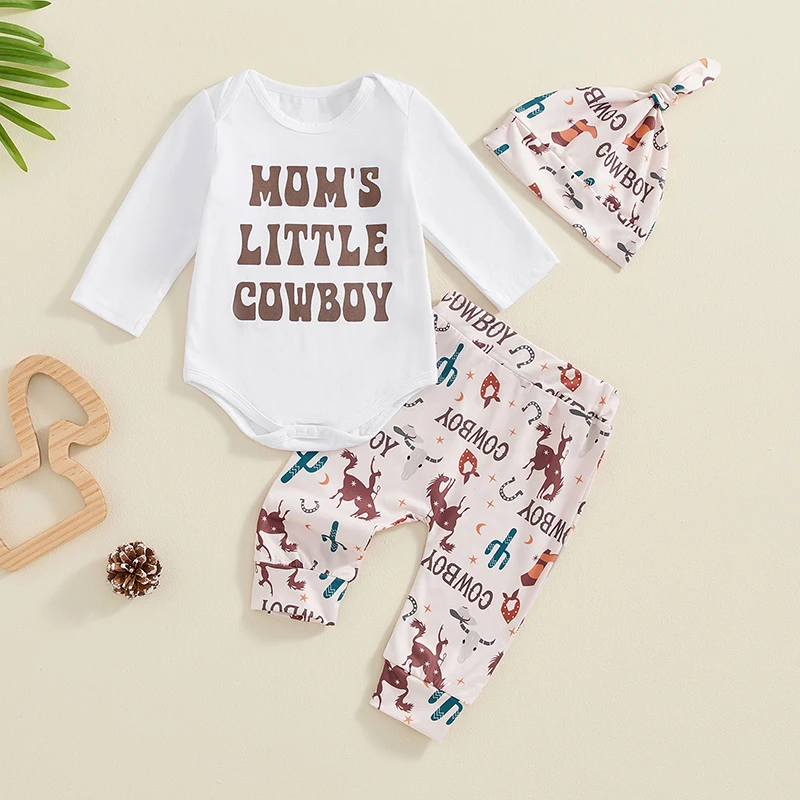 Western Baby Boy Clothes Mom's Little Cowboy Long Sleeve Romper Cowboy Cactus Long Pants Hat 3Pcs Fall Outfit