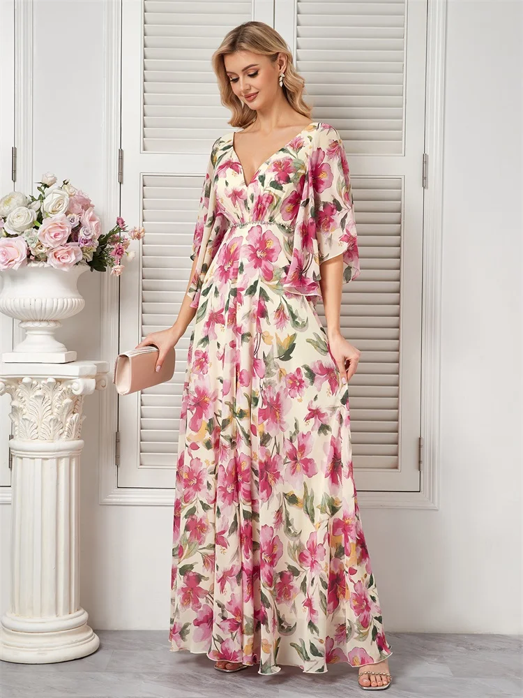 XUIBOL-Robe de soirée élégante en mousseline de soie pour femme, tenue de luxe, à manches évasées, à la mode, pour mariage, demoiselle d'honneur