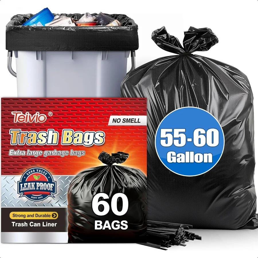 

Большие черные мешки для мусора, 5560 галлонов, 60 шт., промышленные прочные мешки для мусора, очень большие мешки для газона и листьев, уличные коммерческие T