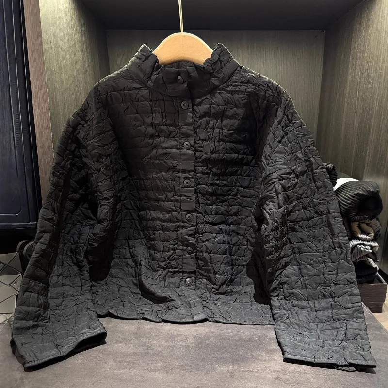 Miyake Pleated Jacket Design Sense Pure Color Simple Stand-up Collar Single-breasted Jacket 2025 Winter New Loose Thin Warm Tops
