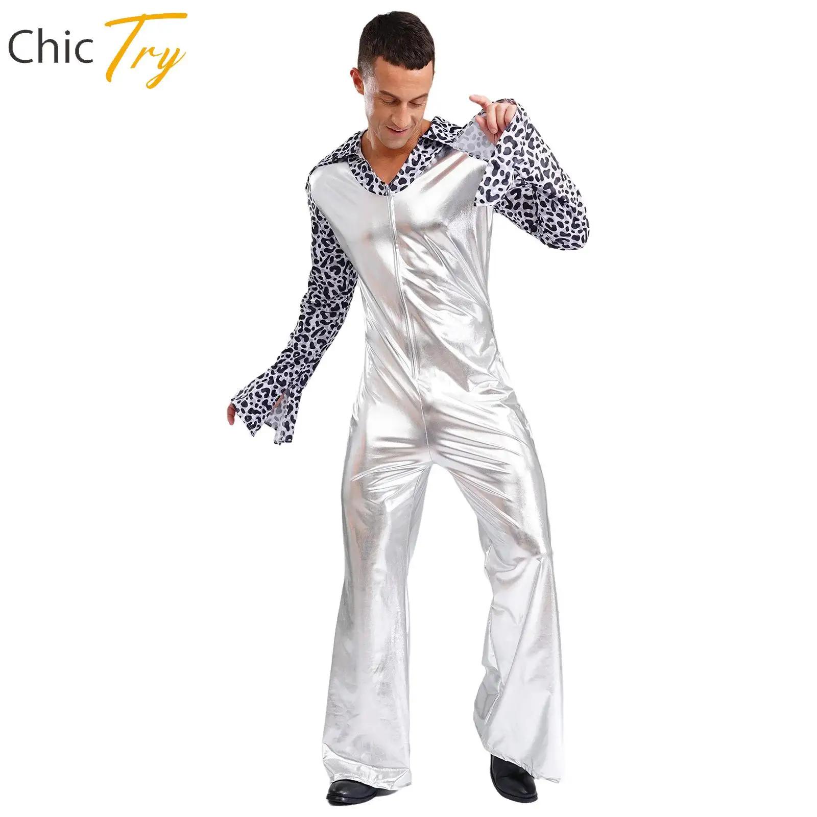 

Mens 80s Disco Rock Jazz Music Party Jumpsuits Costumes Hippie Rompers Long Sleeve with Pants Jumpsuit for Halloween Cosplay