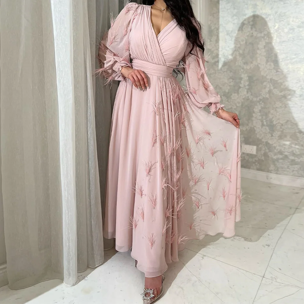 

Customized Temperament Appliques V-Neck Ankle Length A-Line Bespoke Occasion Gowns Chiffon Long Sleeves RuchedGirdling Vestido