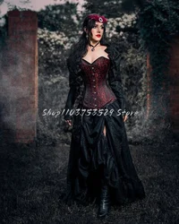 Medieval Black Red Victorian Wedding Dress Classic Laced Corset Button Long Sleeve Puffy Ruffled Role Play Masquerade Gowns