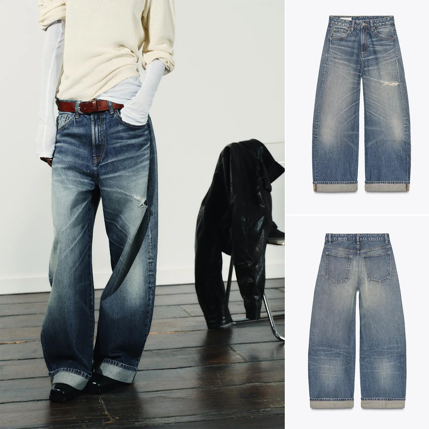 

Autumn Winter New Arrival Women's Casual Loose Long Zipper Detail Denim Jeans French Sle l Waist Torn Hole Design Pol...