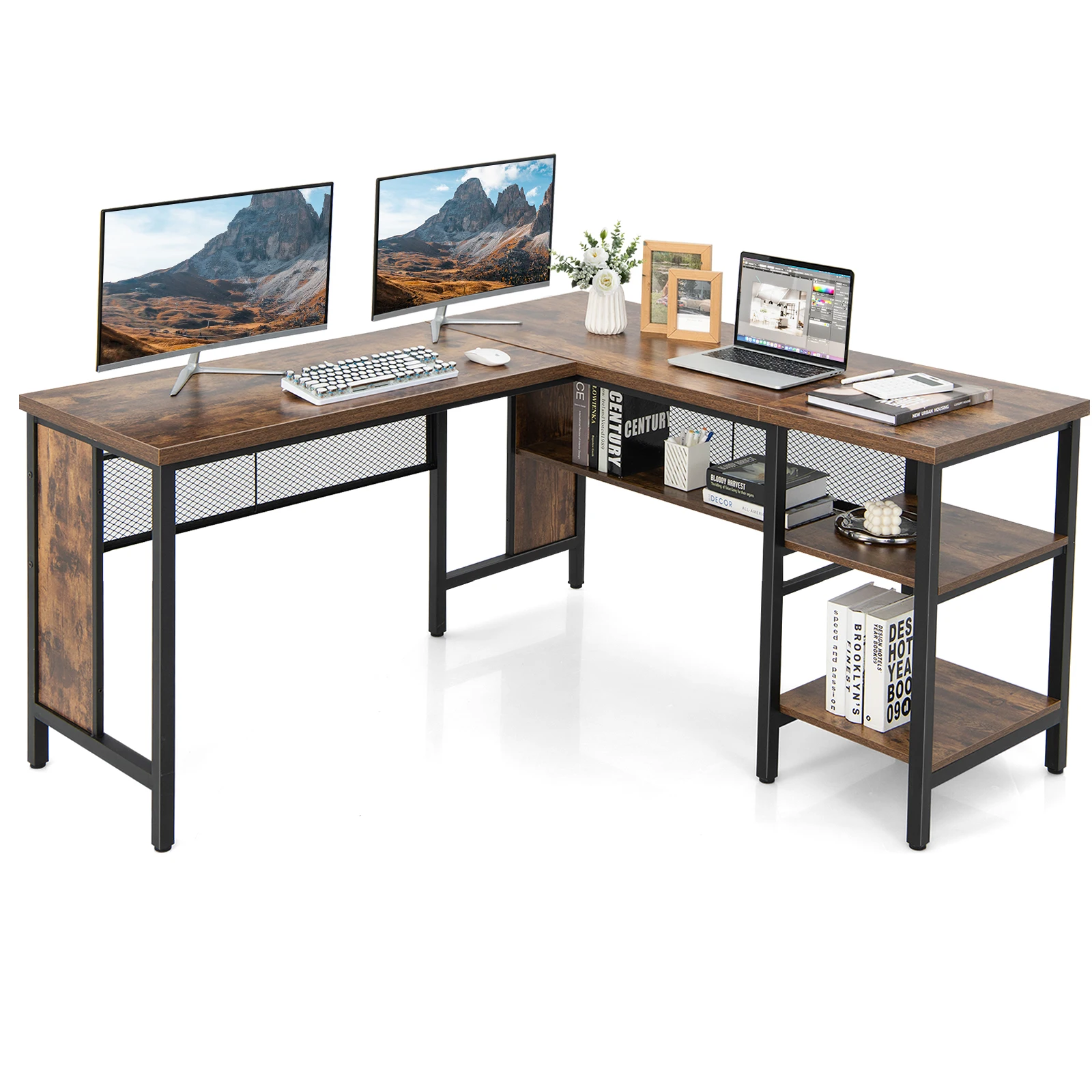 Schreibtisch L-Form, Eckschreibtisch mit Regal in voller Länge und 2-stufige Seitenregale, Ecktisch,