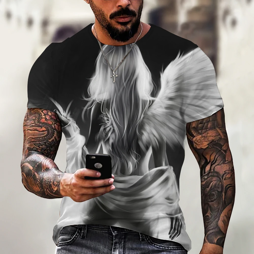 Men\'s Vintage T-shirt 3D Angel Print Sports Casual T-shirt Short Sleeve Top T-shirt Men\'s Street Clothing Oil Painting Style Top