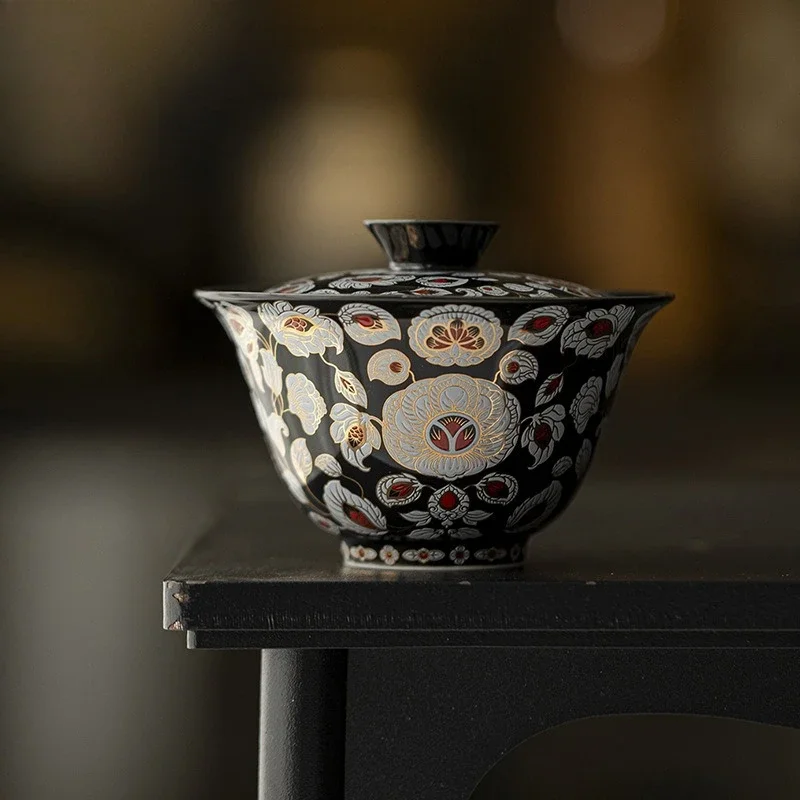 Tang Dynasty Night Banquet Black Ceramic Cover Bowl Kung Fu Tea Set Gold and Silver Wrong Full of Flowers Enamel Color Tea Bowl