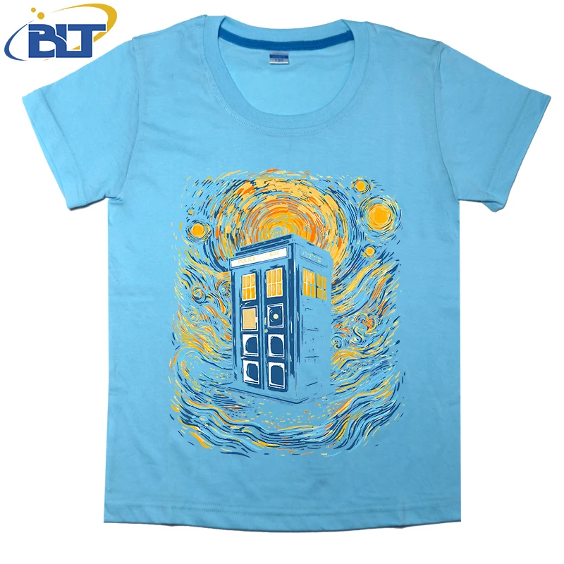 Starry blue box printed kids T-shirt, summer cotton short-sleeved casual top, suitable for both boys and girls