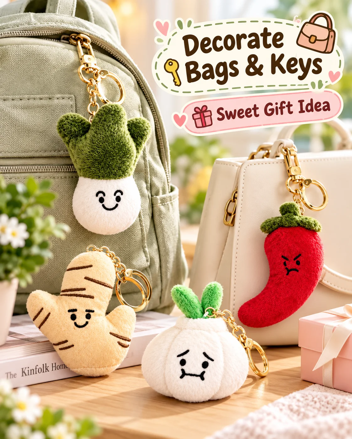 Cute Plush Vegettable Keychains Kawaii Design Hot Pepper Garlic Green Onion Shape Keychain Charm Backpack Accessories Toy Gifts