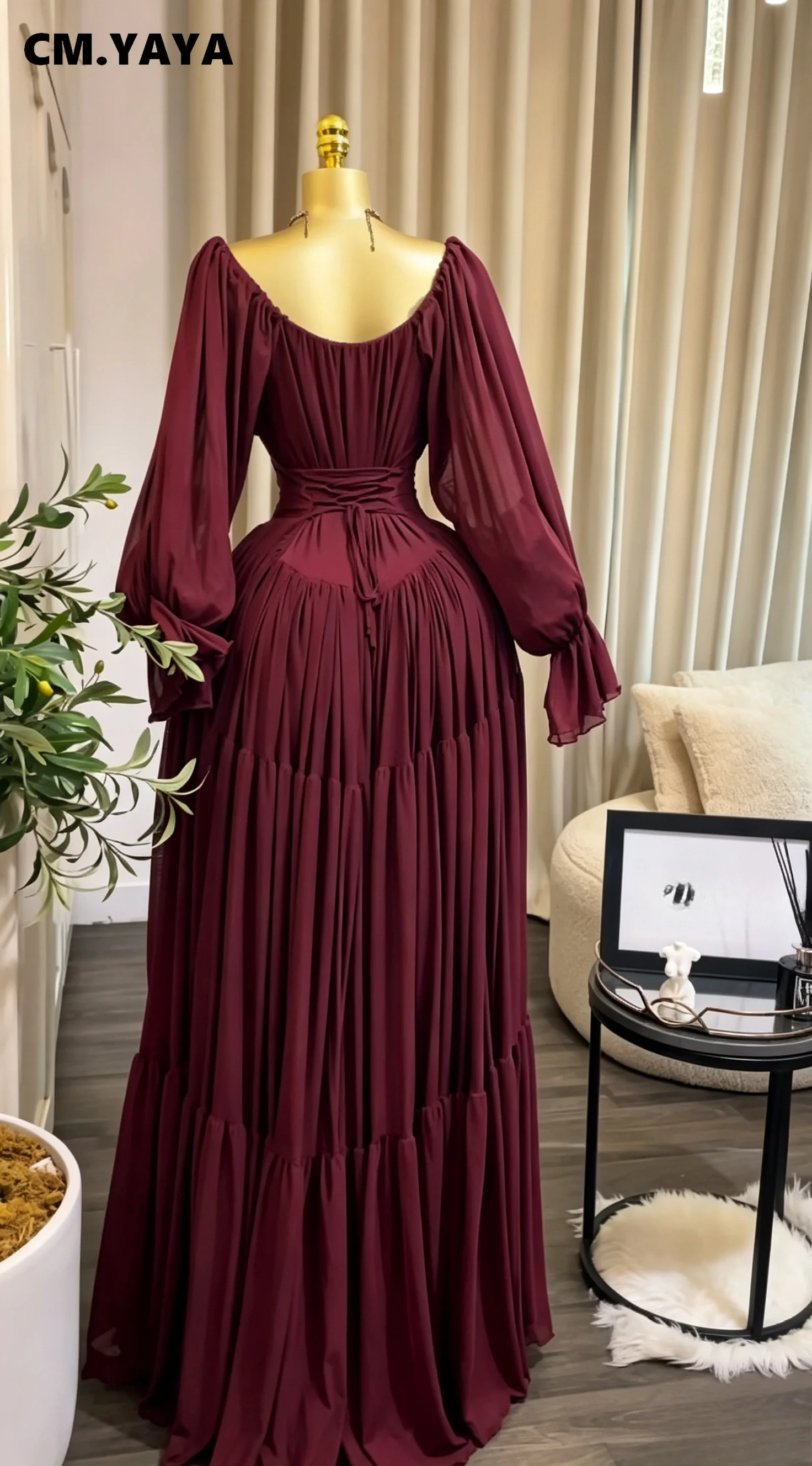 CM.YAYA 2026 Fall Winter Women Long Sleeve Slash Neck Long Maxi Dress Slim Evening Birthday Trendy Sexy Vacation Party Dresses