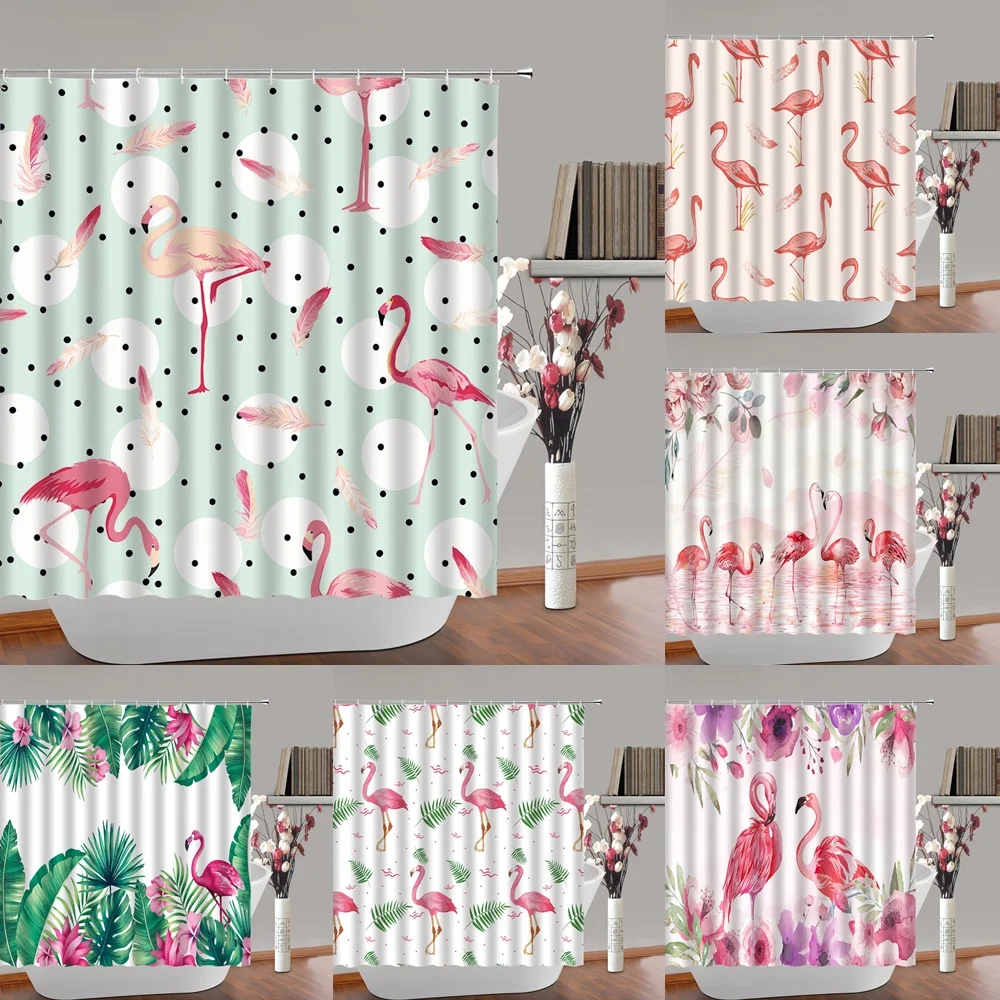 

Watercolor Pink Flamingos Shower Curtain Tropical Plant Flowers Leaves Feathers Animal Home Fabric Bathroom Curtains Decor Sets