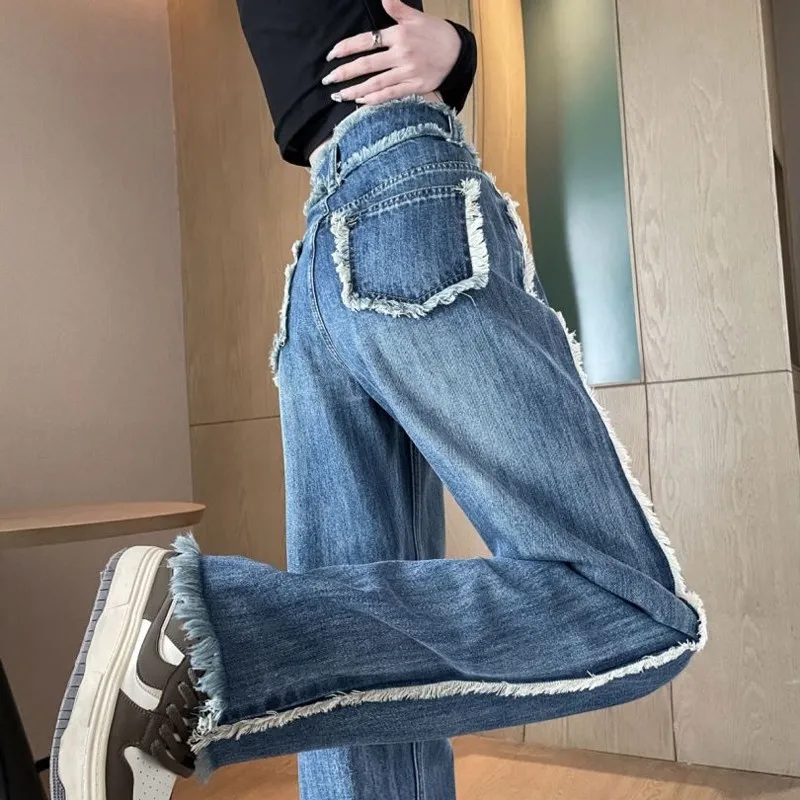 

High Waist Wide Leg Denim Jeans Women's Spring Autumn Vintage High Street Loose Floor-Length Straight Cut Hem Jeans