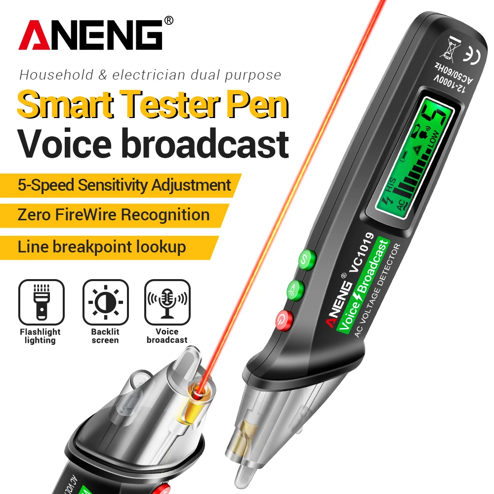 ANENG VC1019 Red Laser Non-Contact Voltage Tester Pen 12-1000V AC Voice Broadcast Detector Live Wire Test Tool Home Electrician