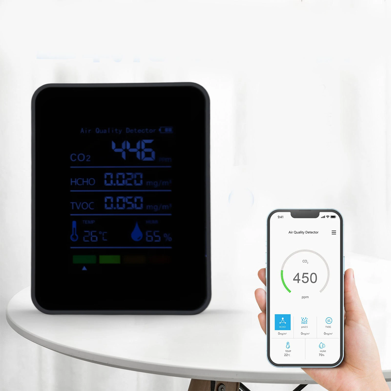 

Монитор качества воздуха, 1 секунда обновления, обнаружение HCHO TVOC, 5 в 1, без калибровки, на батарейках, детектор CO2 для дома