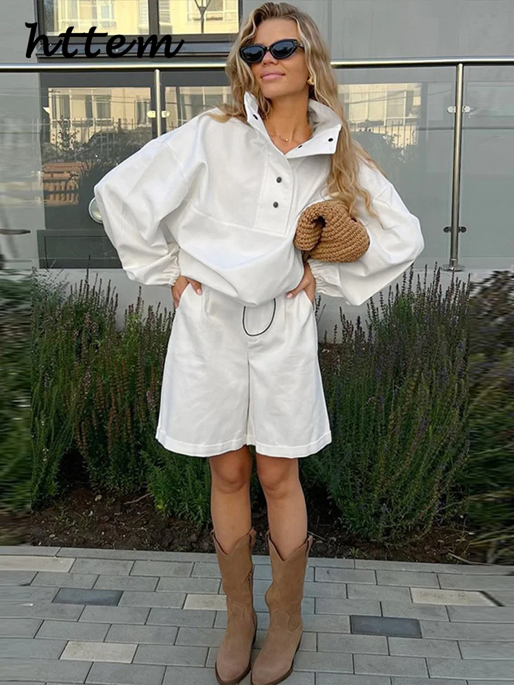

Casual Solid Drawstring Women Shorts Suits Turn-down Collar Top High Waist Shorts 2025 Spring Summer New Fashion Female Sets