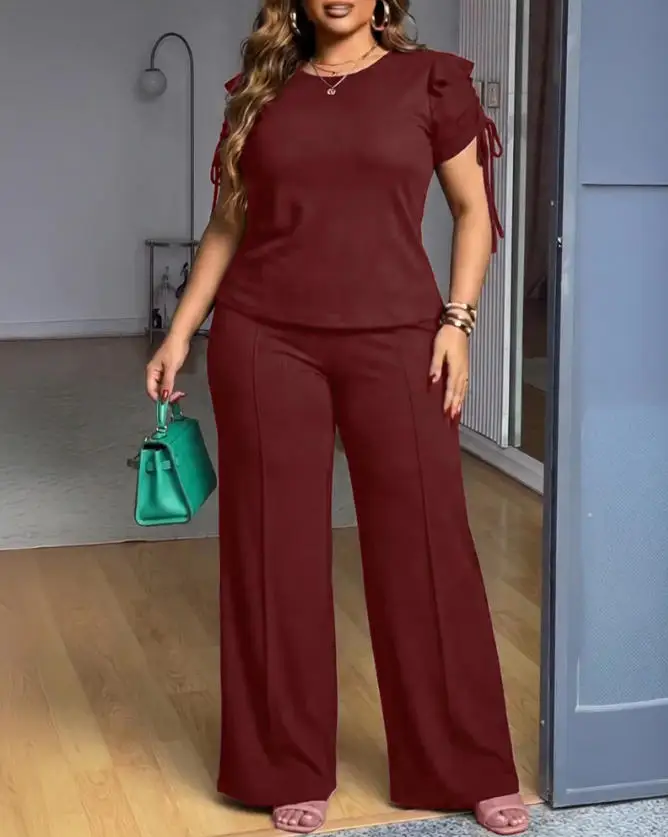

Two Piece Set Women Outfit 2026 Spring Ruffles Decor Drawstring Short Sleeve Top & Casual Elastic Waist Wide Leg Pants Set