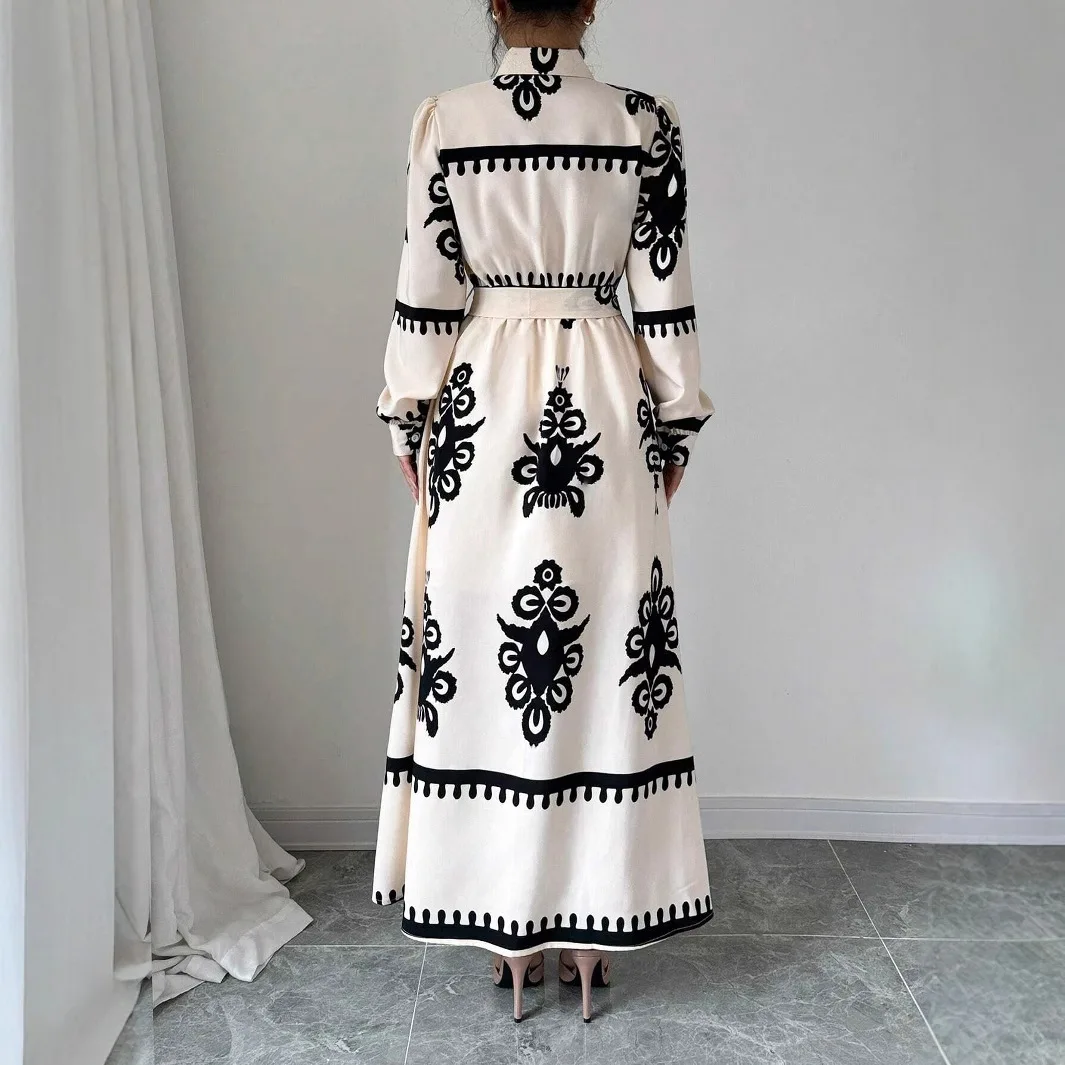 Women\'s Fashion Spring Autumn Print Long Dress Lace Up Long Sleeve A-line Slim Turn-Down Collar Casual Party Ladies Dress
