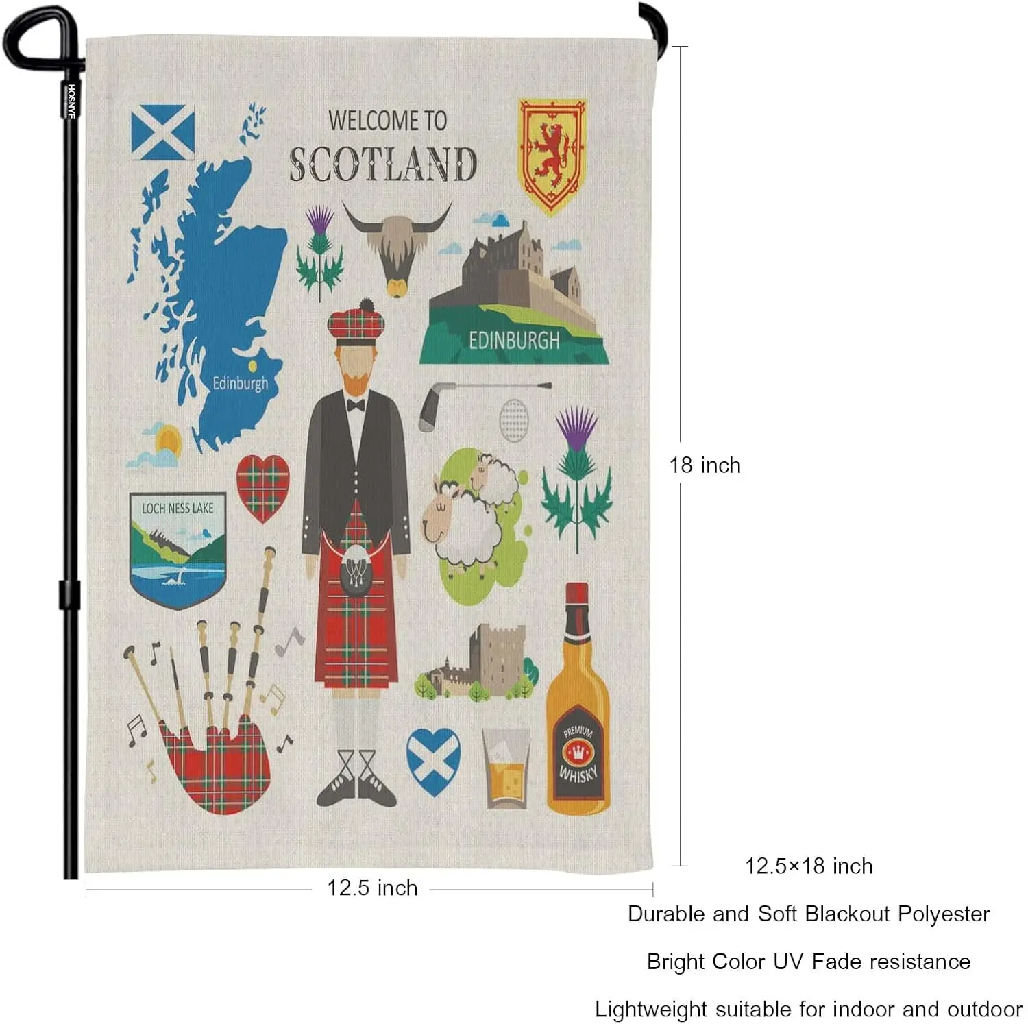 HOSNYE Welcome to Scotland Garden Flag 12x18 Inch Vertical Double Sided Travel Collection Scotsman Kilt Icon Map Thistle Garden