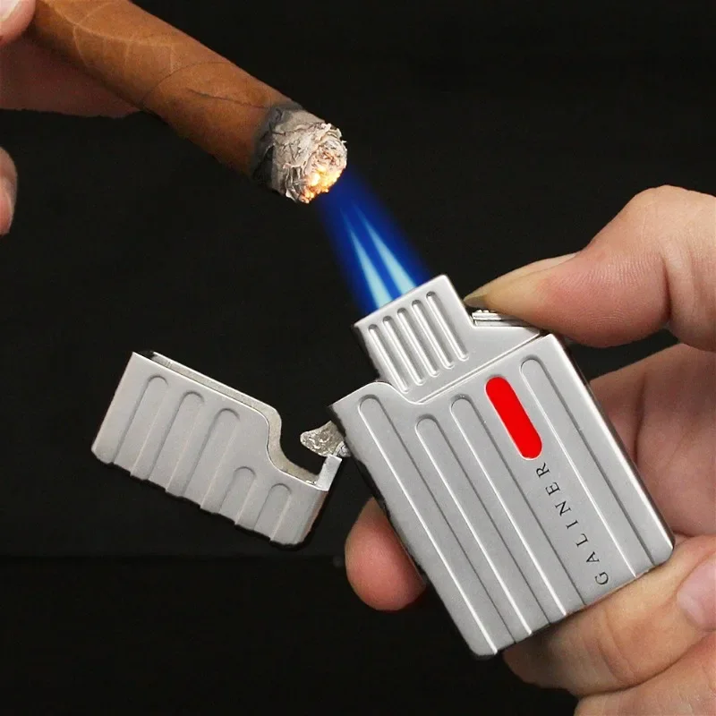 Metal Double Fire Cigar Lighter Windproof Jet Blue Flame Inflatable Outdoor Portable Lighter Cigarette Accessories Men's Gift