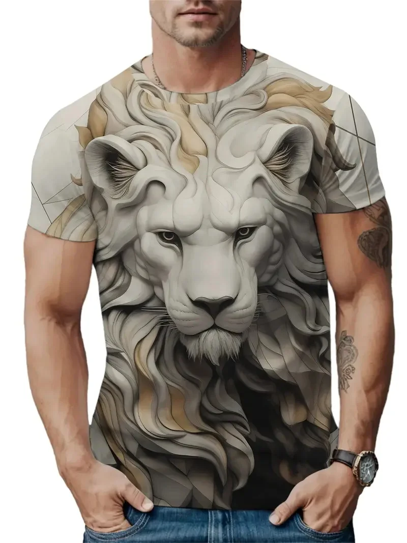 プラスサイズ 3D プリントメンズライオンプリント Tシャツ夏半袖ラウンドネック Tシャツメンズ新動物ライオン柄 Tシャツトップ
