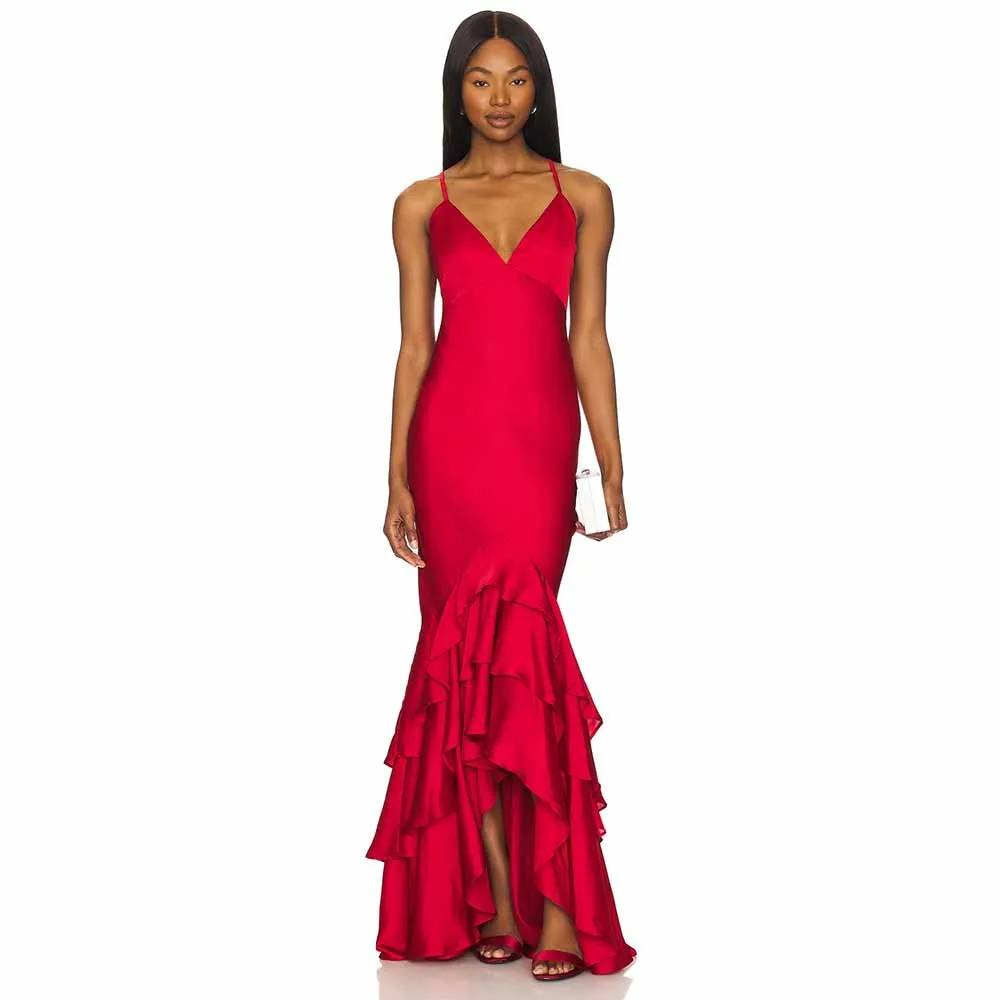 

2025 Sexy Evening Dresses Long Satin Sheath/Column Valentine's Day Dress Red Sweetheart Tiered Ruffles Sexy Prom Dress