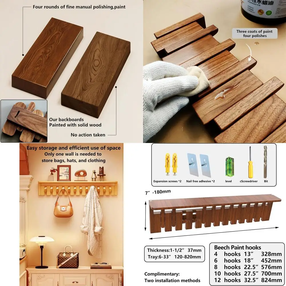 

Wall-Mounted Crescent Design Clothes Hanger with 6 Hooks for Home Entrance, Tray Walnut-Beech Finish