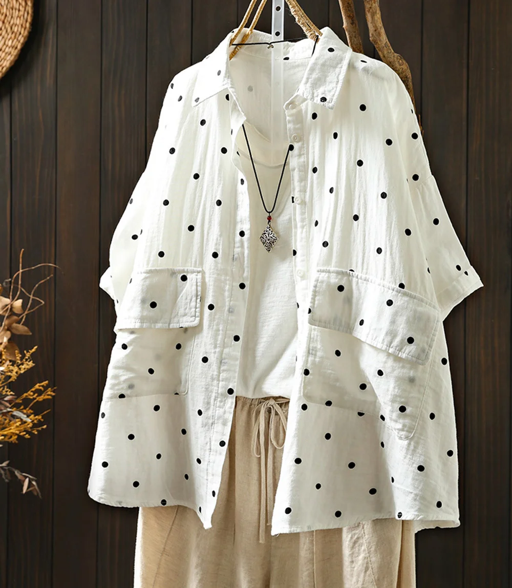 Two Layer 100% Cotton Yarn Polka Dots Shirts Women Turn Down Collar Dot Shirts Button Up Tops Korean Autumn Cardigan