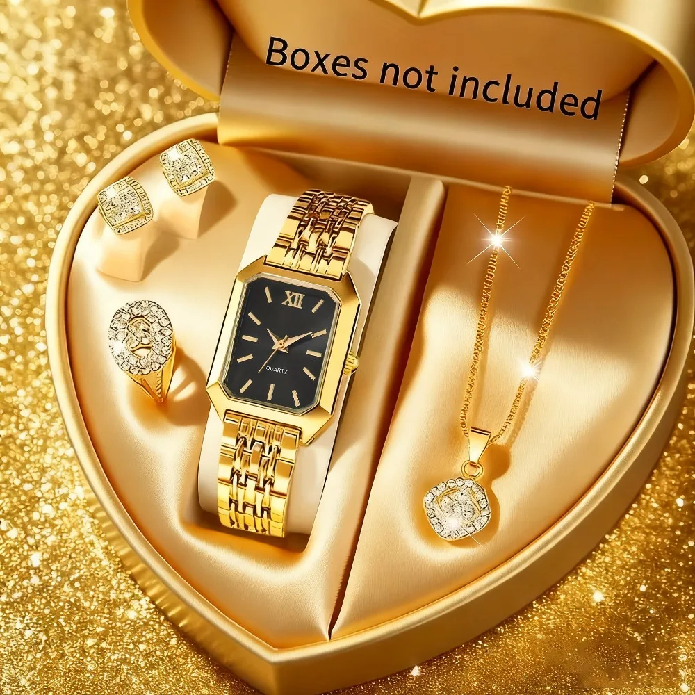 5-piece Women's Fashionable Elegant Gold Quartz Watch and Jewelry Set - Square Gold and White Dial