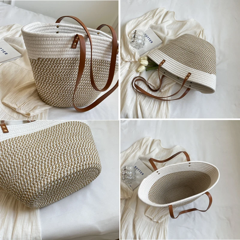 2024 New Summer Women Woven Beach Bag Large Capacity Cotton thread Handmade Fashion Shoulder Bag Bohemian Casual Woven Basket