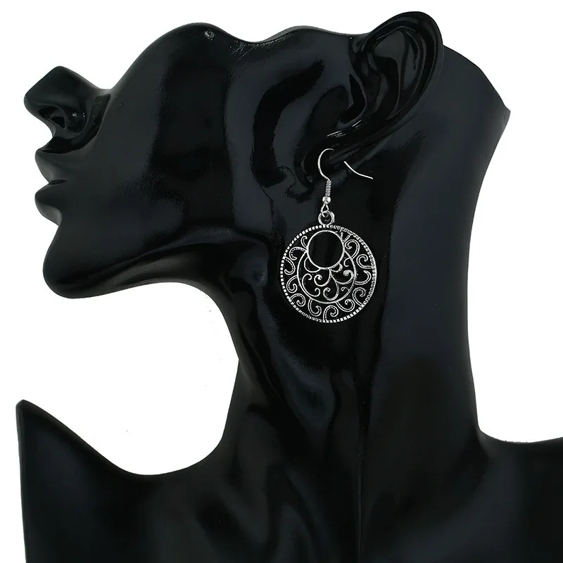 العصرية مجوهرات البوهيمي خمر العرقية التبتية الفضة طويلة كبيرة الجوف جولة انخفاض القرط منحوتة الزهور استرخى أقراط النساء