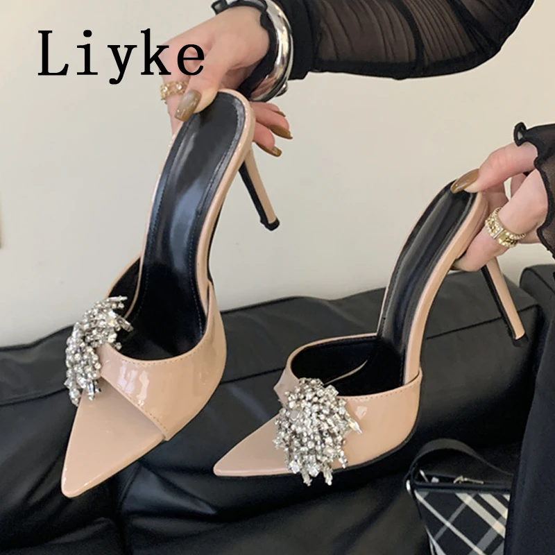

Liyke пикантные современные женские тапочки на тонком высоком каблуке с острым носком и стразами, дизайнерские сандалии для вечеринок, обувь для стриптиза