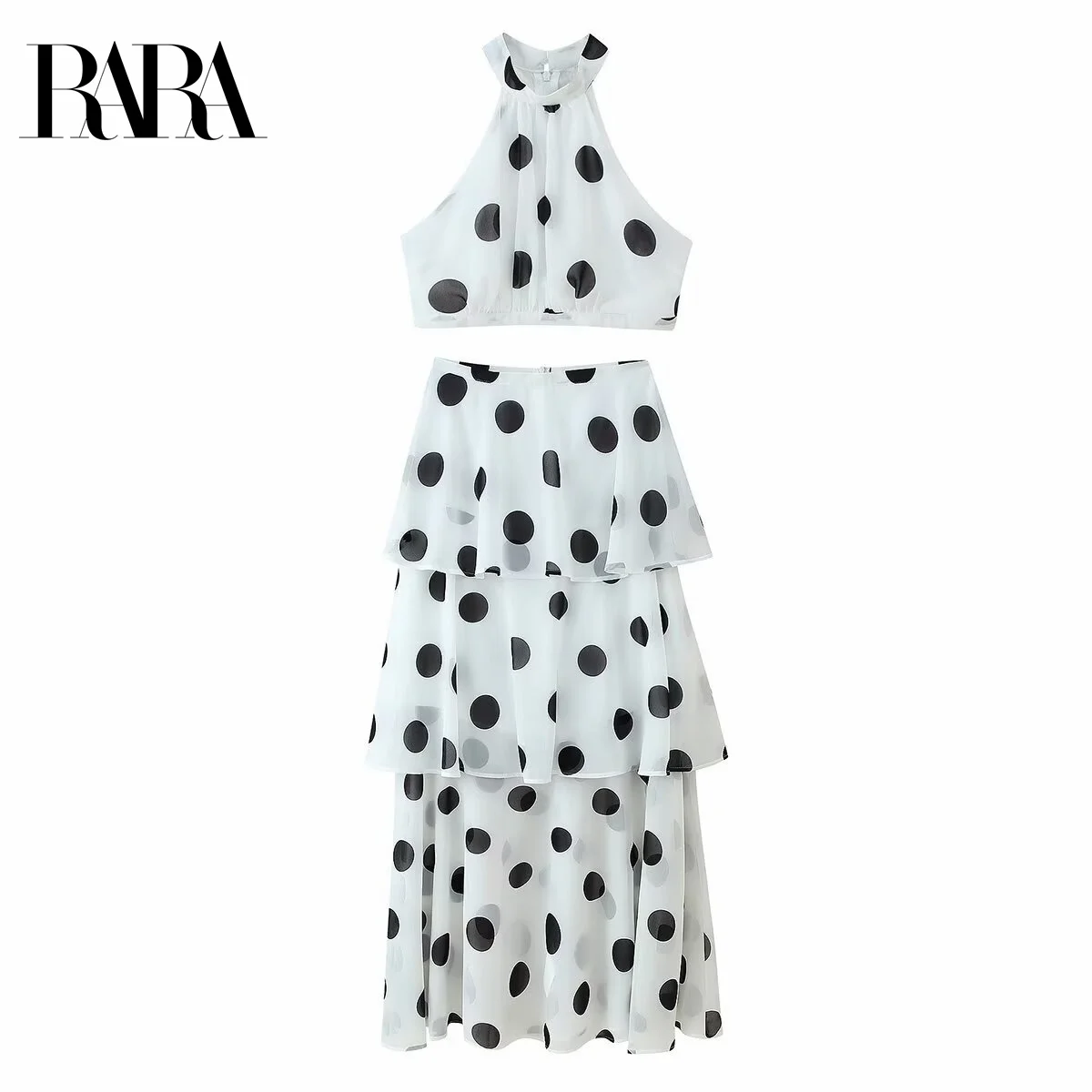 

RARA Women's Summer New Sleeveless Halter Neck Polka Dot Printed Short Vest Top Plus Polka Dot Printed Long Tiered Midi Skirt