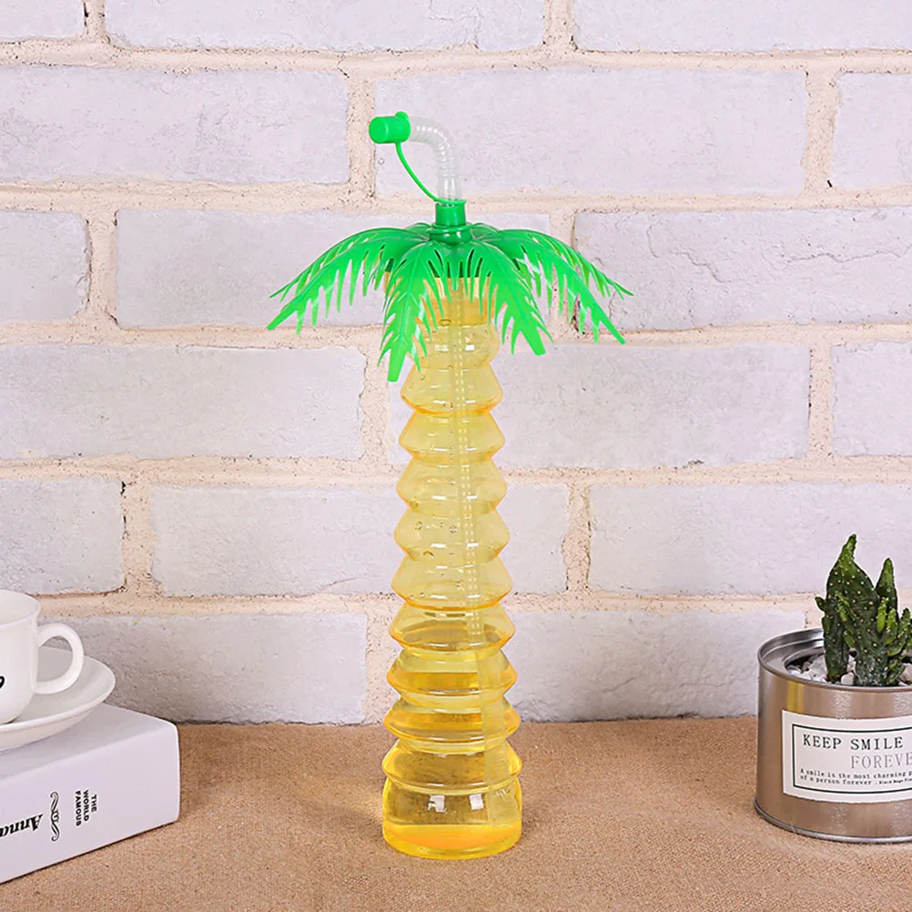 5pcs Hawaiian Palm Tree Water Bottle Plastic Straw Cup Coconut Tree Bottle Drink Luau Tiki Drinking Bottles Tropical Sippy