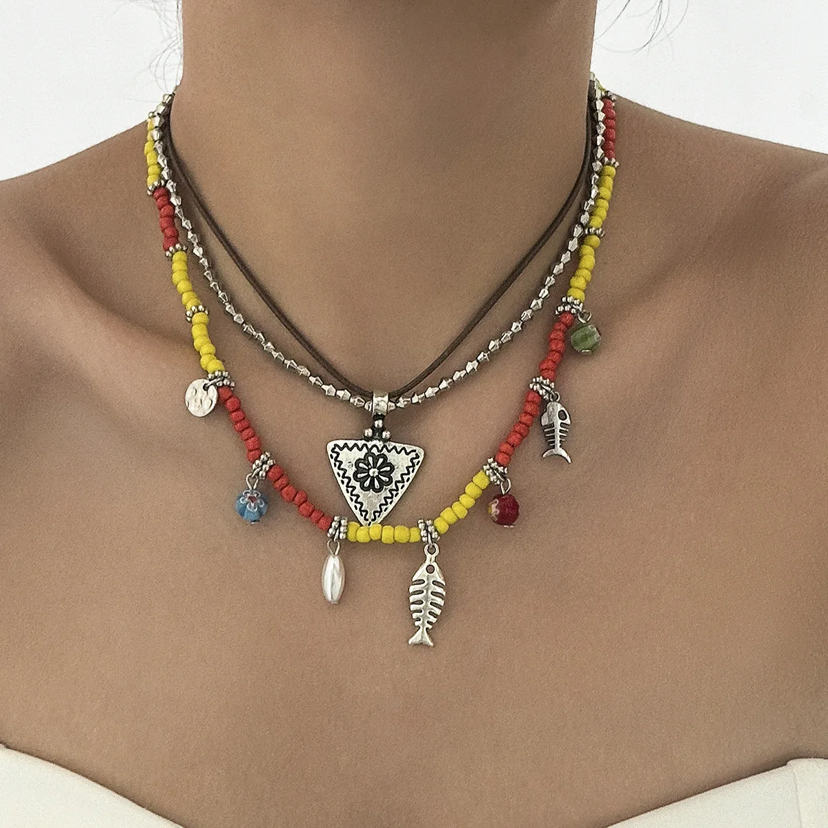 Bohemian Color Rice Beads Beaded Necklace Ethnic Style Fish Bone Flower Triangle Hang Tag Item Jewelry