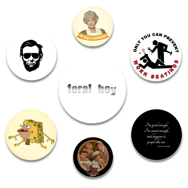 58MM Funny Jesus I Saw That Funky Kong Feral Boy Icons Brooch Badges on Backpack Handmade Round Brooches Lapel Pins Holiday Gift