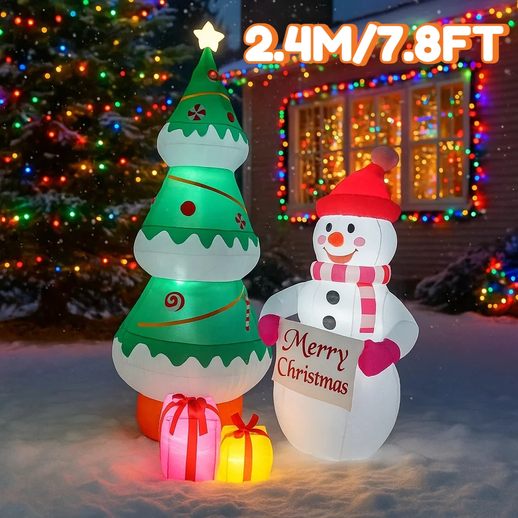 

2.4M/7.8FT Christmas Decorations Inflatable Toy Snowman & Christmas Tree with Gift Boxes Home Yard Ornaments Party LED Decor Toy