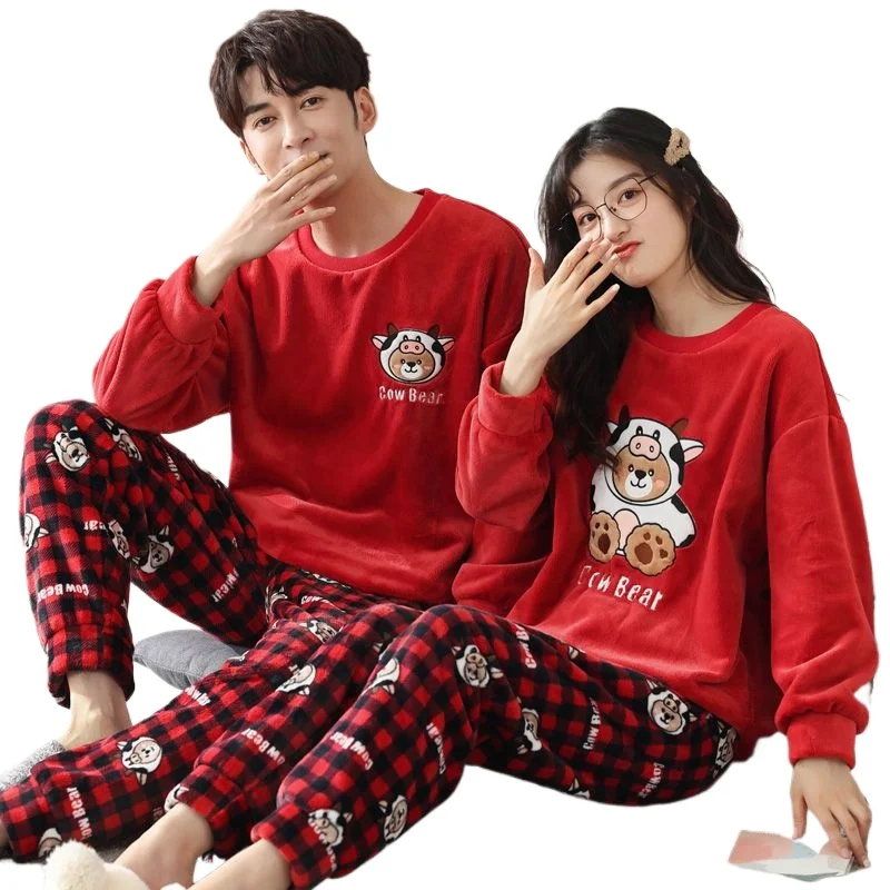 

Couple Pajamas Winter Men's Warm Flannel Loungewear Sets Women's Autumn and Winter Thickened New Coral Fleece Pajamas Outer Wear